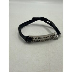 She Believed She Could So She Did Bar Bracelet Black Cord Silver Tone Quote